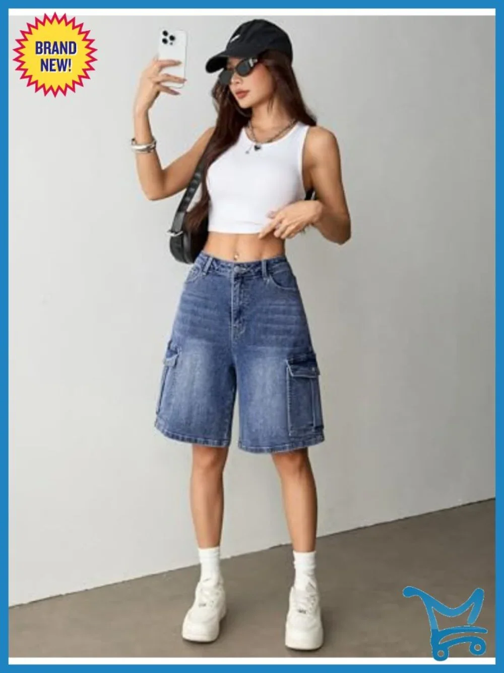 Baggy Bermuda Cargo Jorts Y2K Knee Length Stretchy Denim Jean Shorts with 6